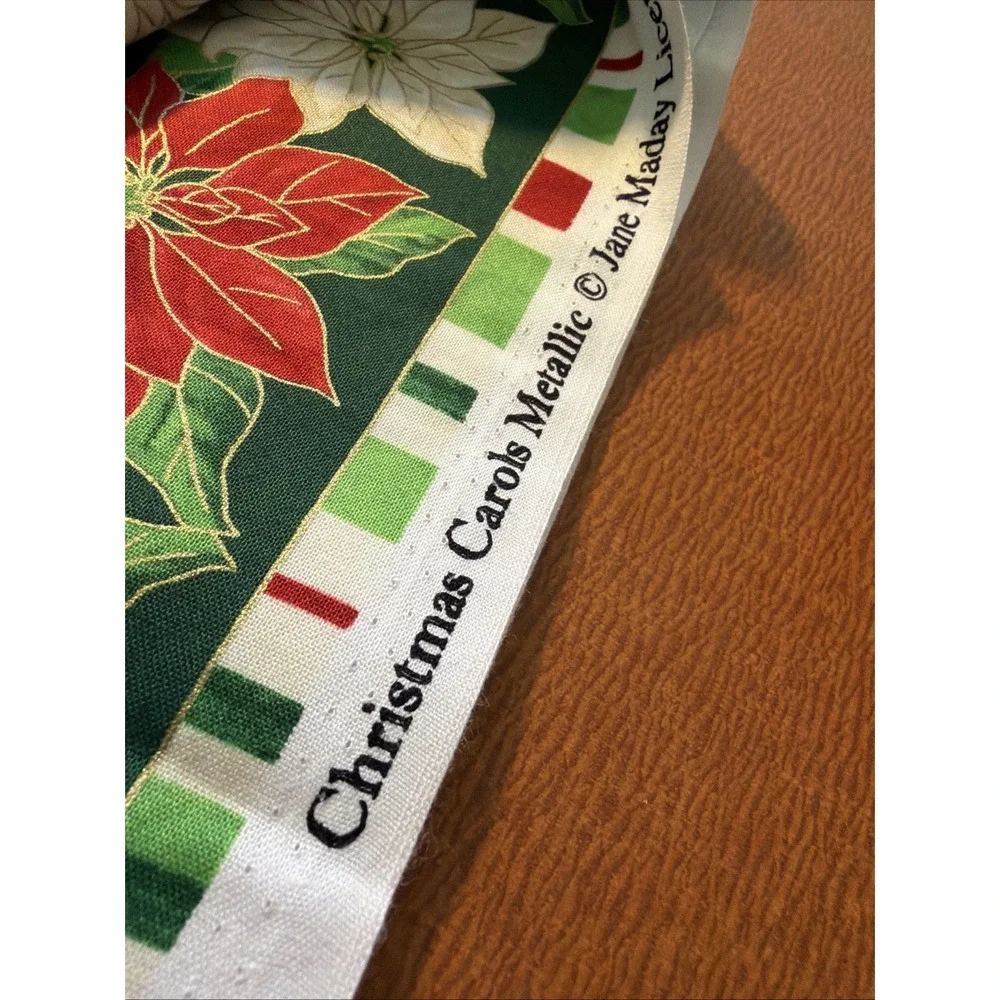 Christmas Carols Birds Poinsettia Stripe Gold Cotton Fabric Wilmington 1.5 Yards